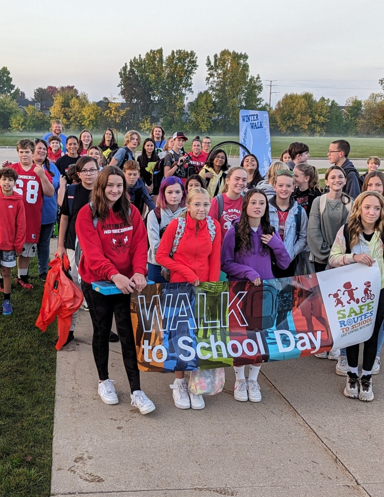 Middle School students participating in Walk to School Day event